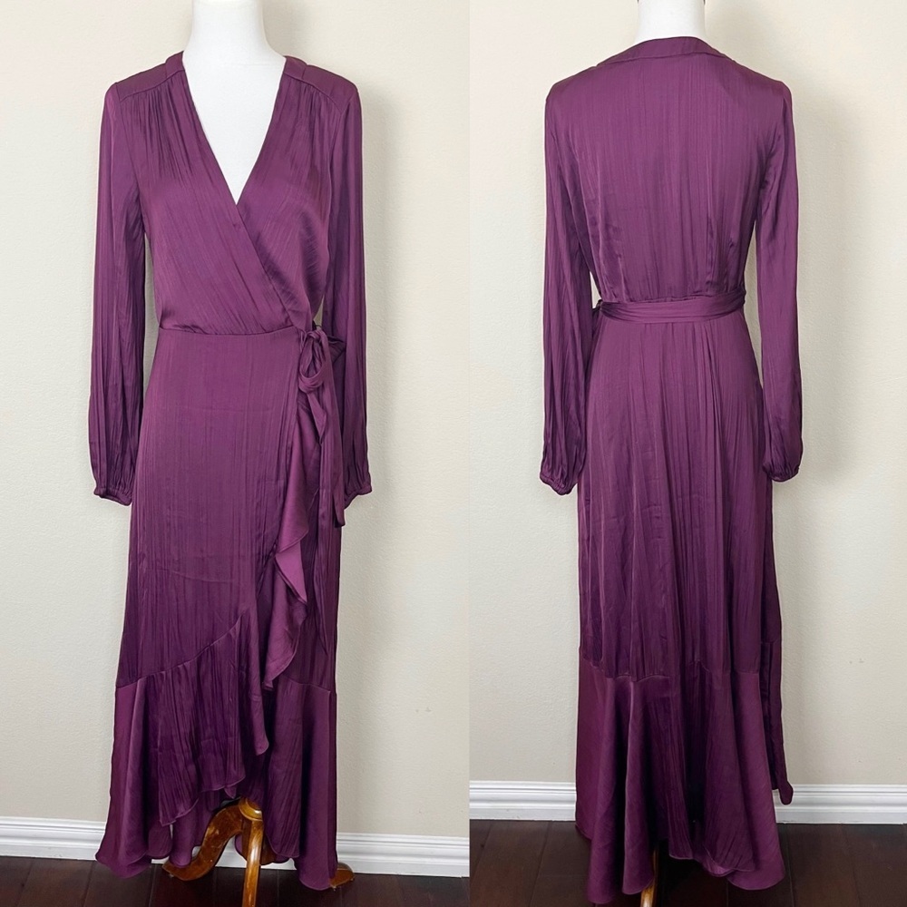 Anthropologie Maeve V-Neck Wrap‎ Raspberry Ruffle Maxi Dress - Picture 3 of 13